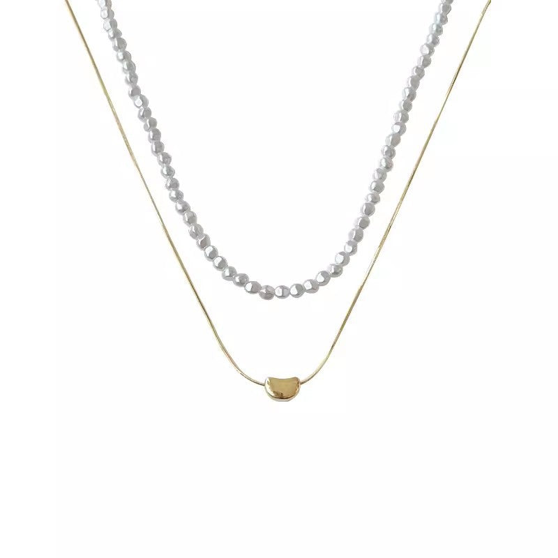 Layered Pearl Necklace with Minimalist Geometric Pendant for Women