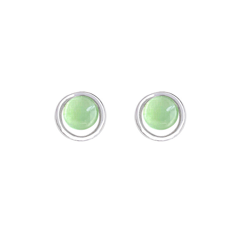 Geometric Green Cat's Eye Stud Earrings for Women - Minimalist Silver Tone Jewelry