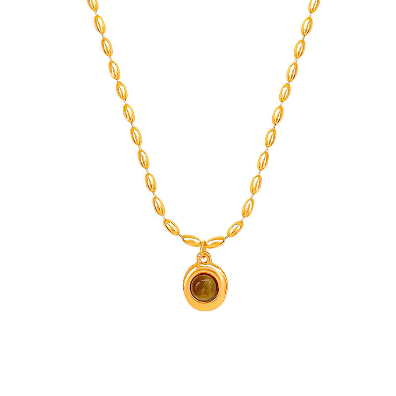 Women's Minimalist Tiger Eye Beaded Necklace with Gold-Toned Geometric Pendant