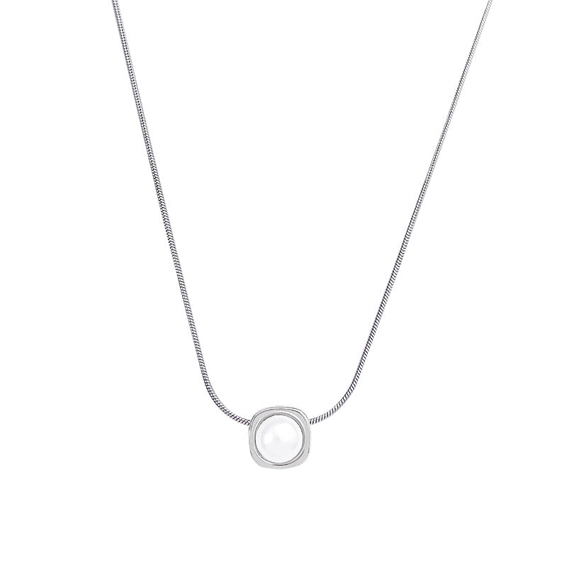 Minimalist Geometric Pearl Pendant Necklace for Women - Silver Tone