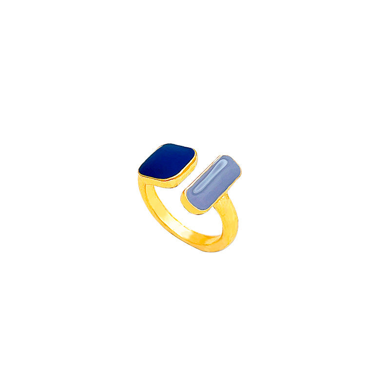 Vintage Blue Enamel Adjustable Geometric Ring for Women