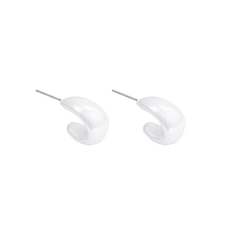 Minimalist C-Shaped Pearl Stud Earrings for Women - Sleek Geometric Design with Silver Finish