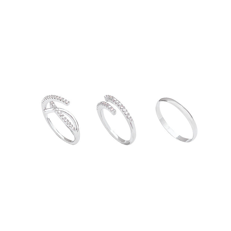 Adjustable Geometric Zirconia Ring Set for Women - Minimalist Three-Piece Stackable Rings