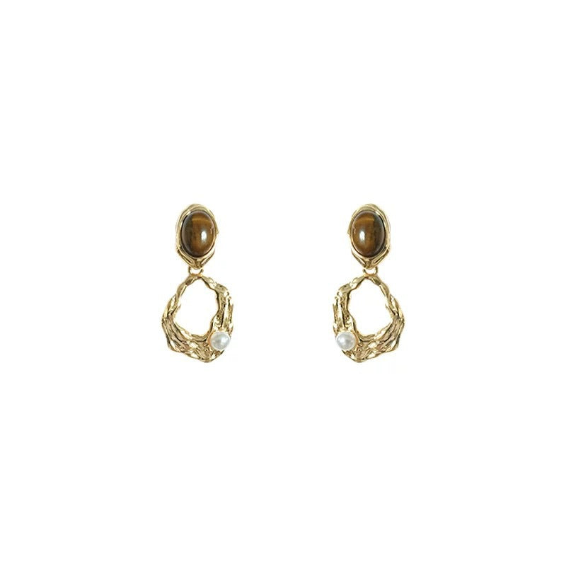 Geometric Tiger Eye Stone Earrings for Women - Retro Style Gold-Tone Studs