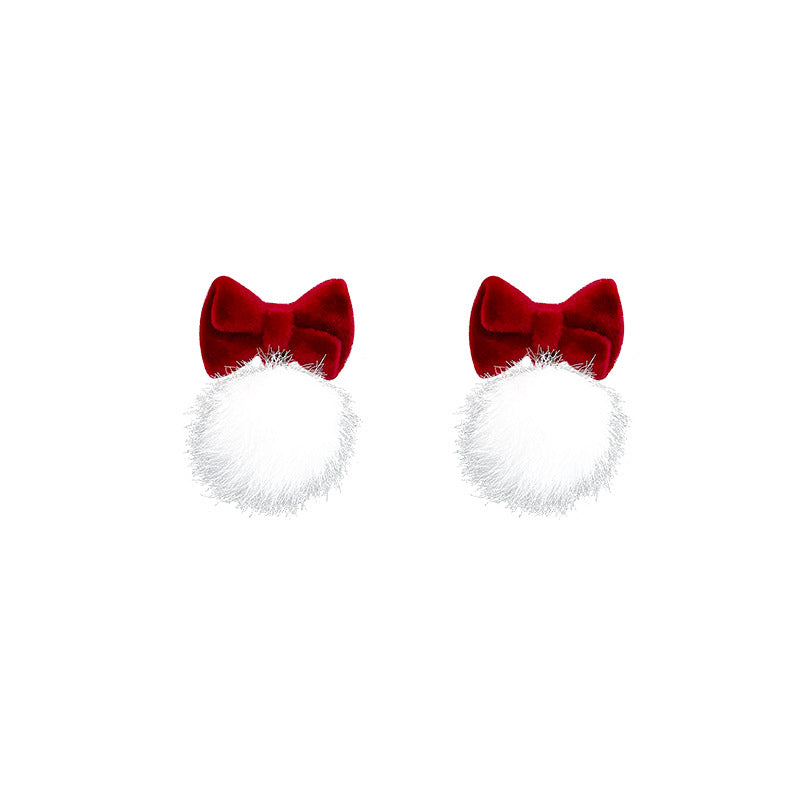 Festive Red Velvet Bow Drop Earrings with Fluffy Pom-Poms for Women