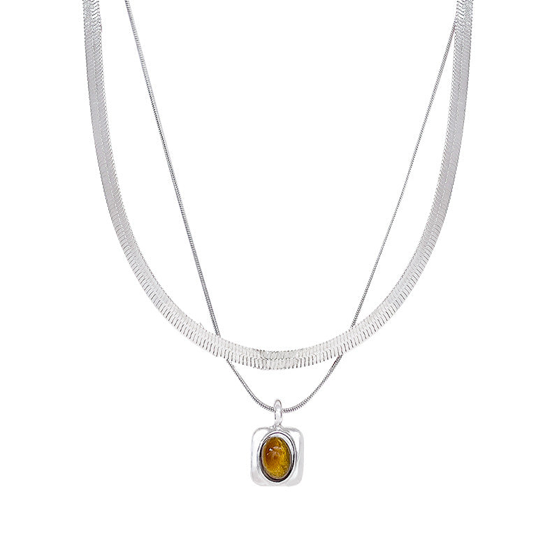 Layered Double Chain Tiger Eye Pendant Necklace for Women - Minimalist Geometric Design