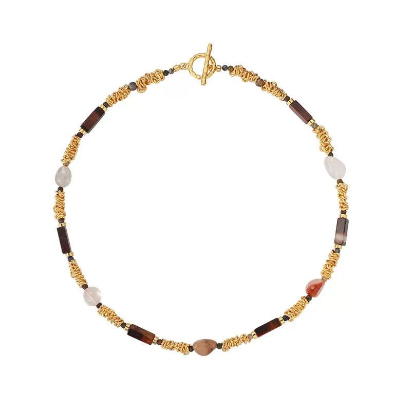 Layered Beaded Necklace with Natural Tiger Eye Stone Pendant for Women