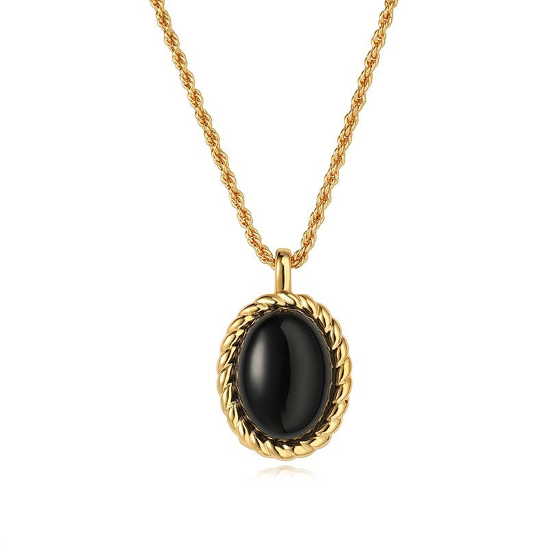 French Retro Black Onyx Pendant Necklace with Mother-of-Pearl Earrings and Ring Set