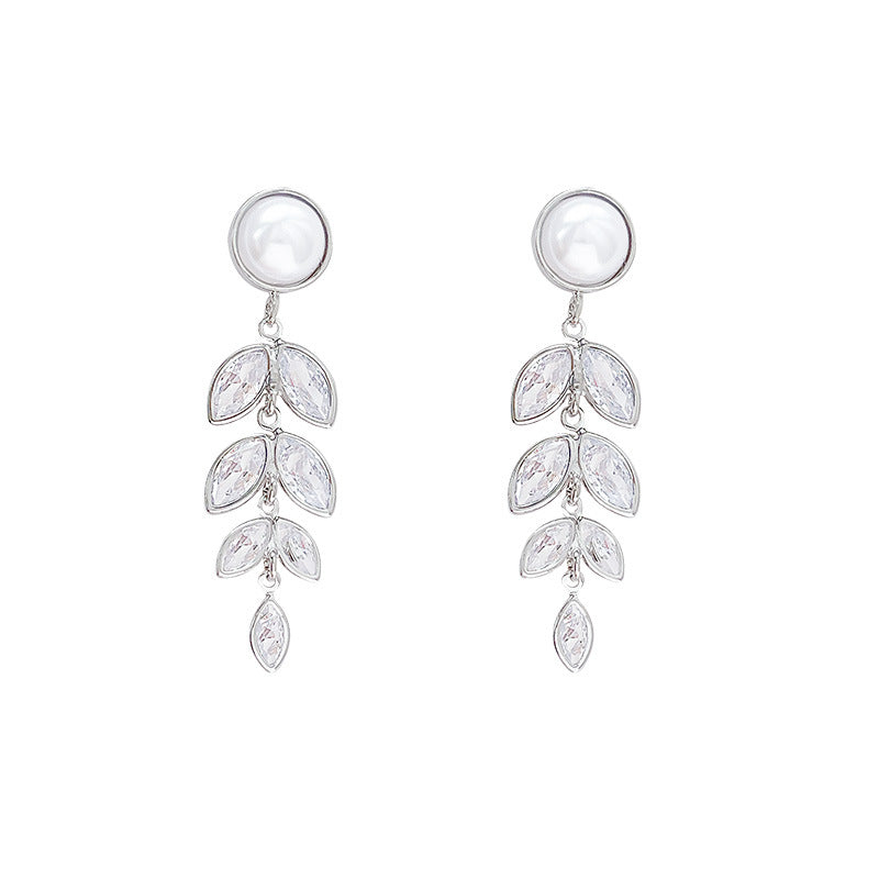 Elegant Long Fringe Wheat Ear Stud Earrings with Sparkling Zirconia for Women