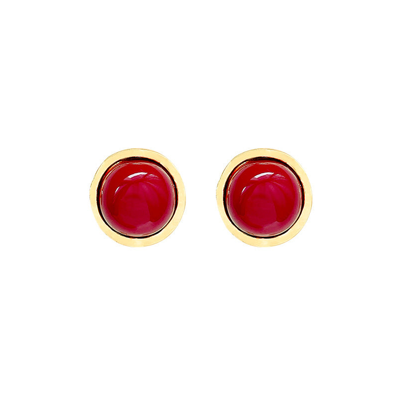 Geometric Red Pearl Stud Earrings with Gold-Tone Finish, Minimalist Vintage Style