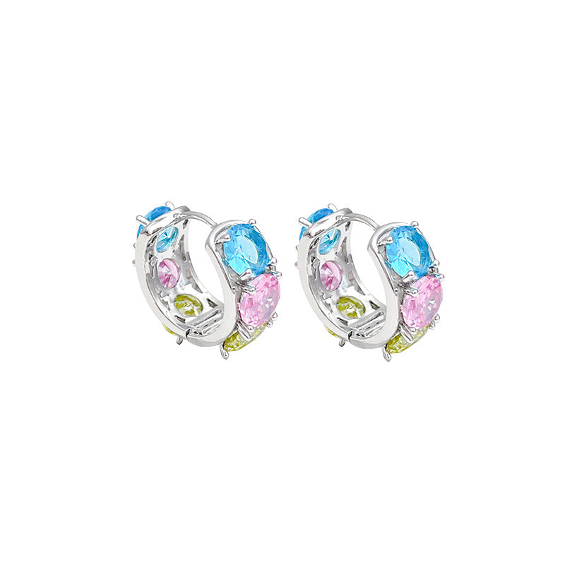 C-Shaped Gold-Plated Zircon Earrings with Dopamine-Inspired Color Accents