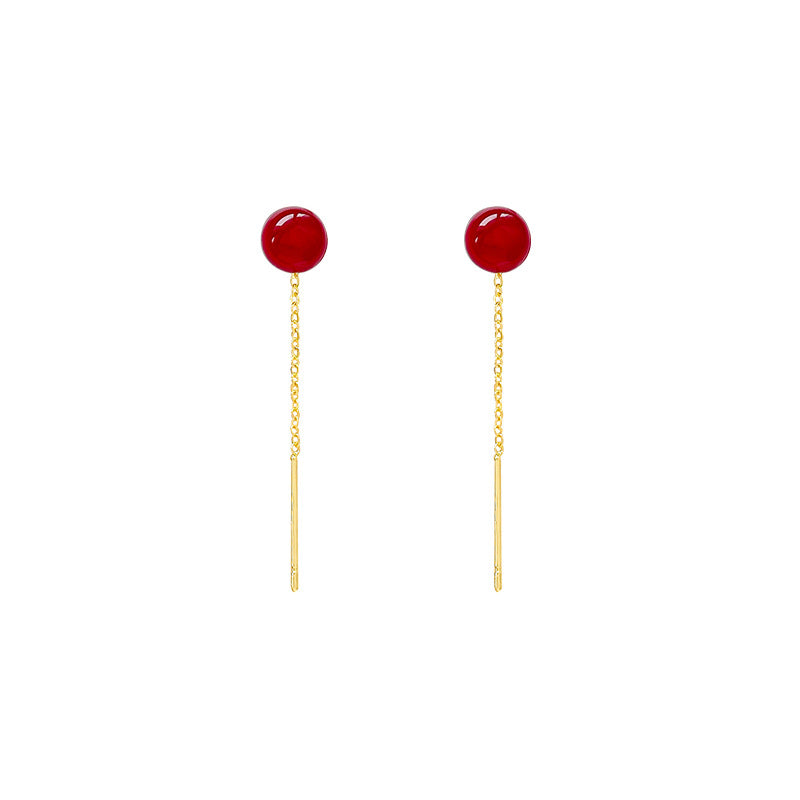 Long Fringe Drop Earrings with Red Geometric Beads for Women, Minimalist Style