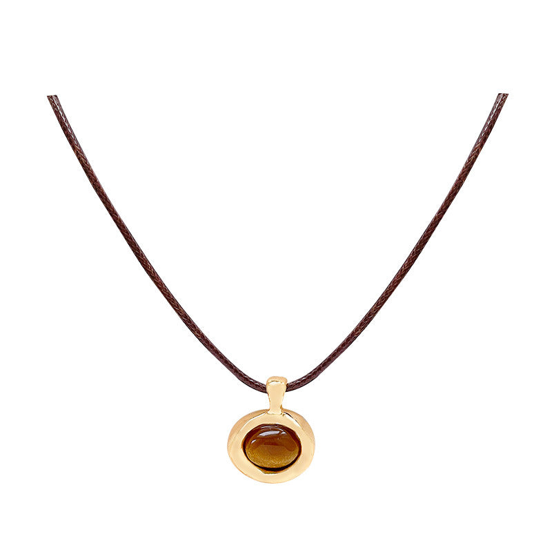 Tiger Eye Stone Necklace with Adjustable Leather Cord for Women, Minimalist Geometric Design