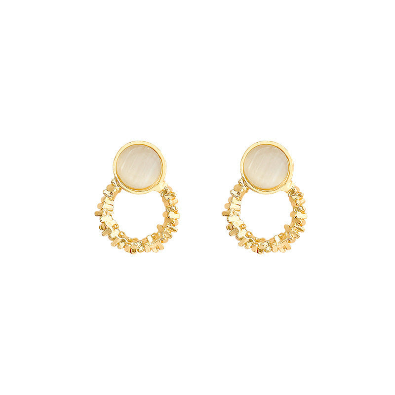 Geometric Cat's Eye Stone Stud Earrings with Flashy Silver Accents