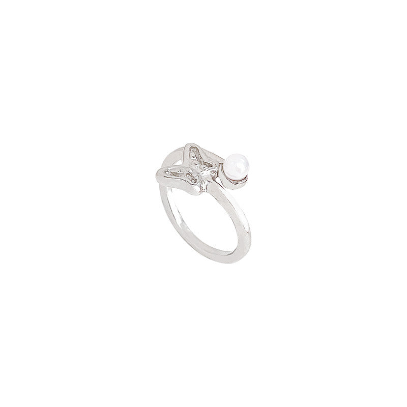 Adjustable Open Butterfly Ring with Pearl Accent for Women