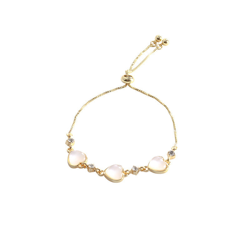 Adjustable Cat's Eye Gemstone Heart Bracelet for Women - Minimalist Geometric Design