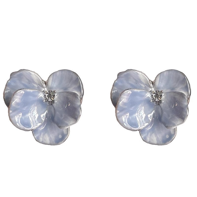 Vintage Blue Enamel Floral Stud Earrings with 3D Petal Design