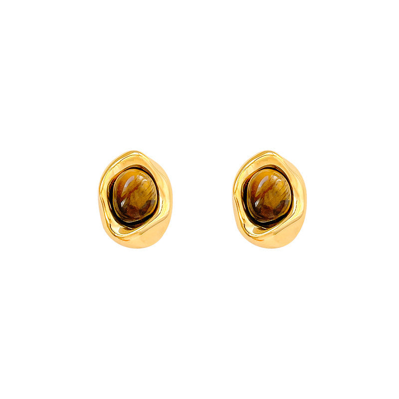 Minimalist Tiger Eye Stud Earrings and Necklace Set in 925 Sterling Silver with Gold Plating