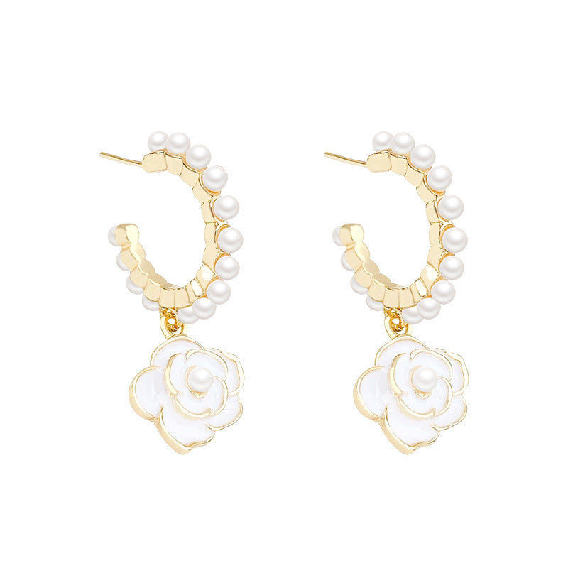 Elegant Camellia Flower Pearl Earrings for Women - Minimalist Gold-Tone Design