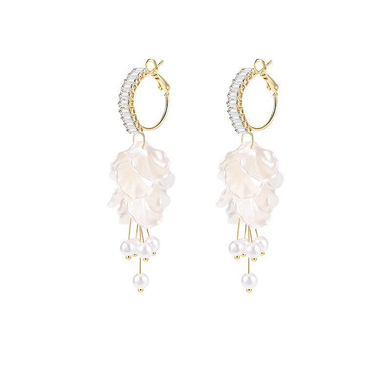 Long Fringe Zircon Flower Earrings with Pearl Accents for Women