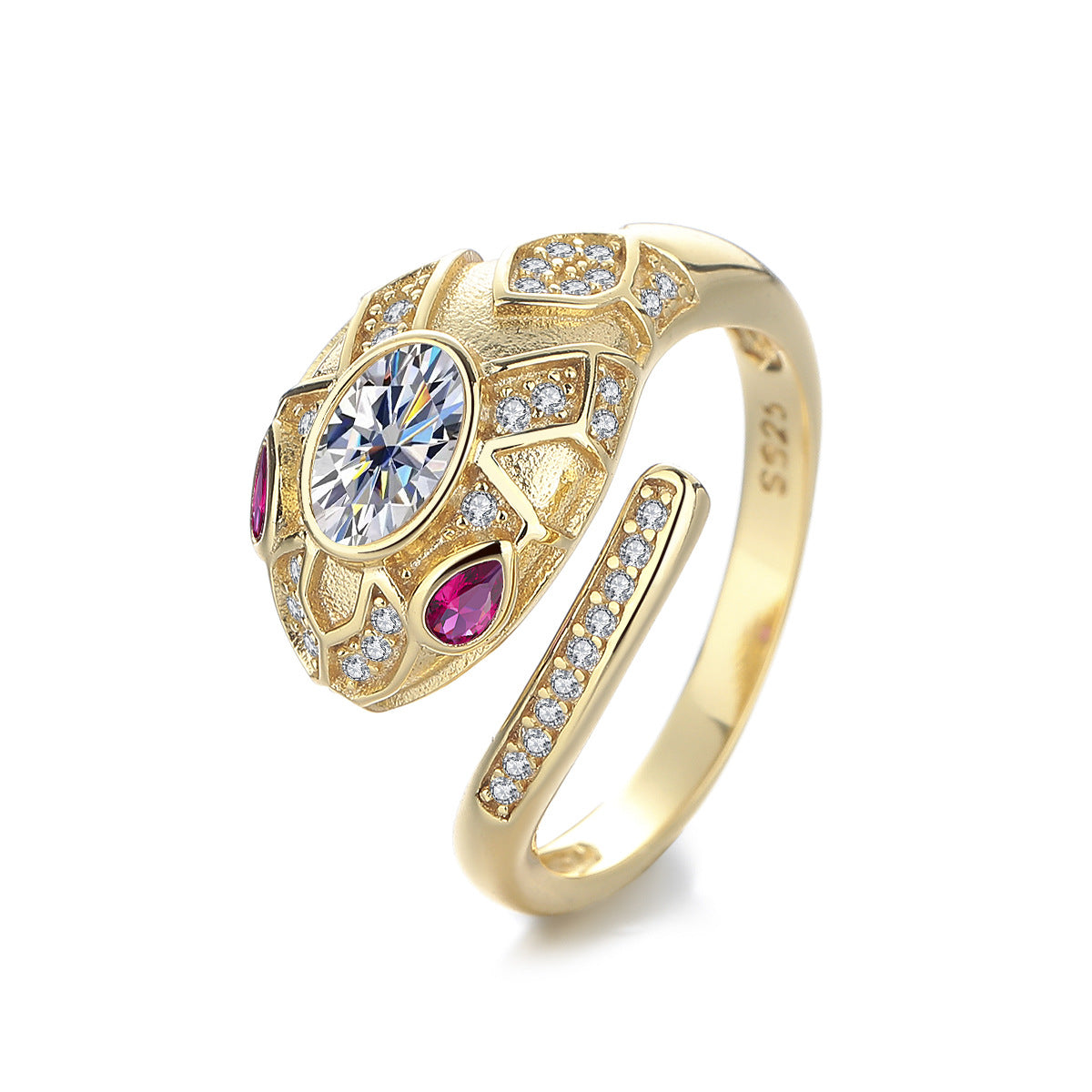 Ring S925 Sterling Silver Snake Design with Moissanite Stone 18K Gold Plated in Pink