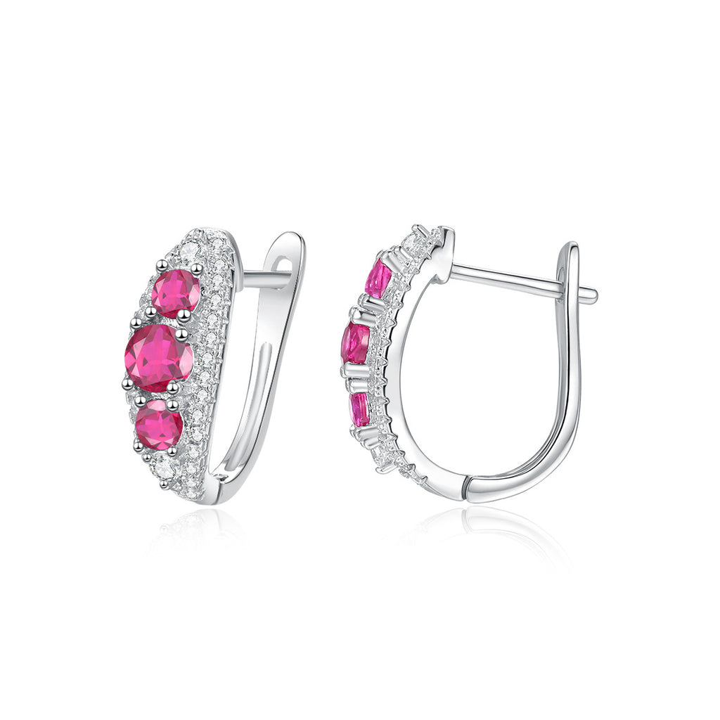 Earrings - Sterling Silver Hoop Earrings with Pigeon Blood Red Cubic Zirconia Stones