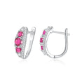 Earrings - Sterling Silver Hoop Earrings with Pigeon Blood Red Cubic Zirconia Stones