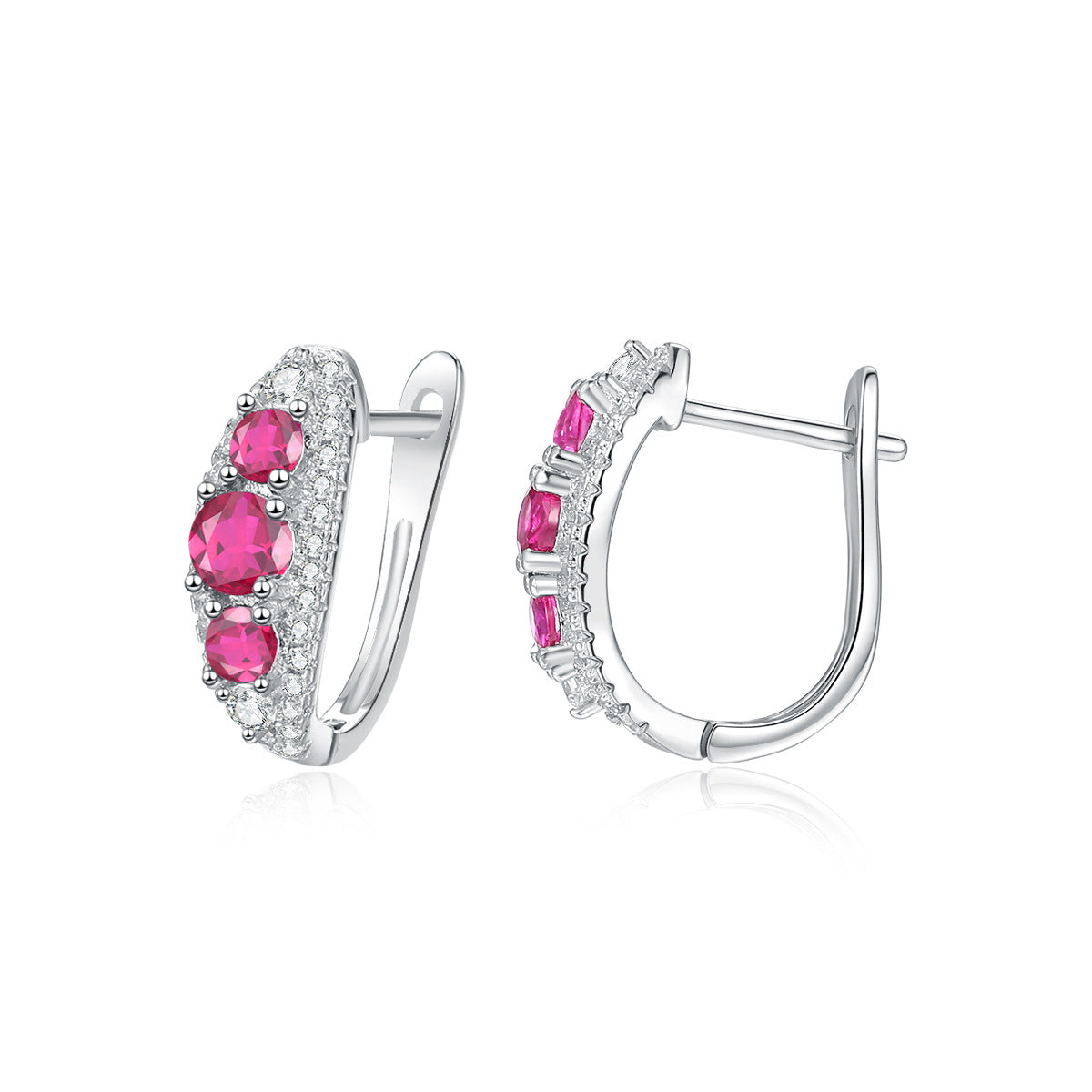 Earrings - Sterling Silver Hoop Earrings with Pigeon Blood Red Cubic Zirconia Stones
