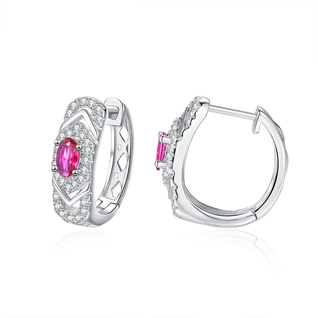 Earrings - Sterling Silver Oval Colorful Zirconia Hoop Earrings 3x5mm