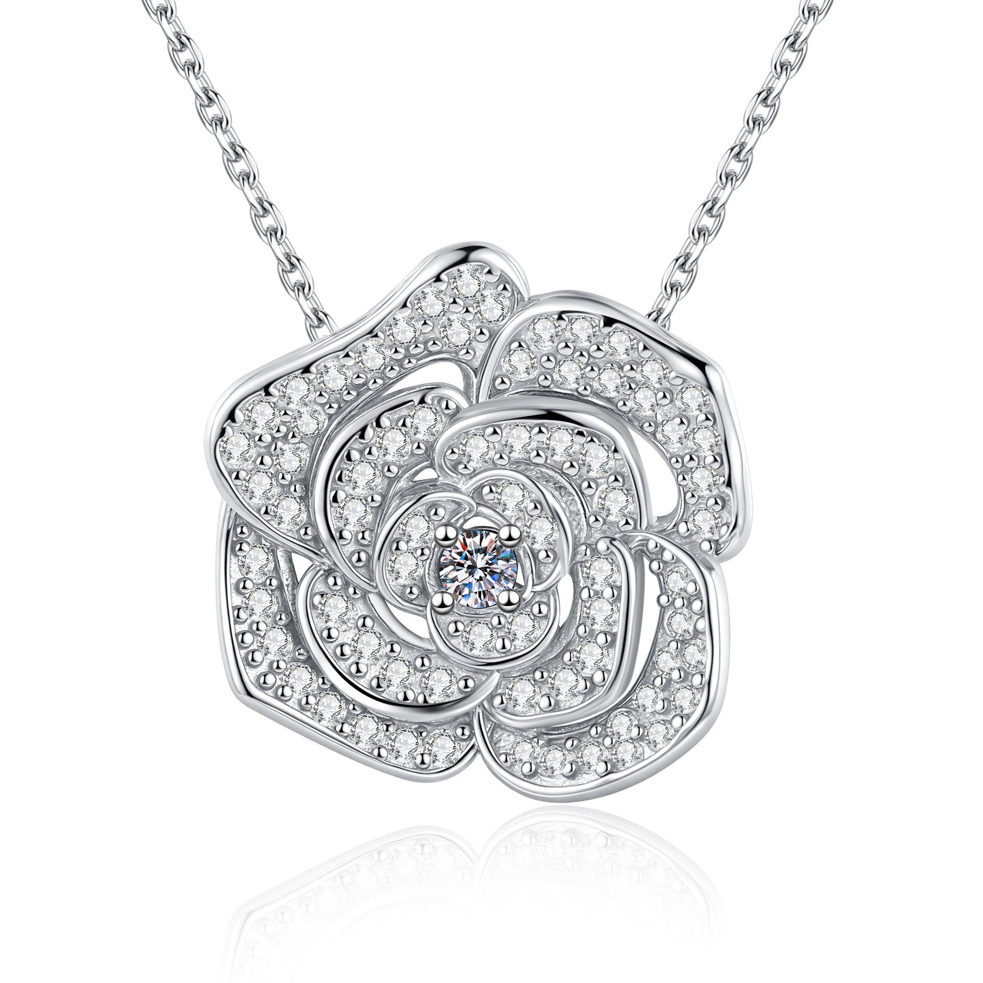 Necklace Sterling Silver Camellia Flower Pendant with Full Pave Moissanite Stones Elegant Collarbone Chain