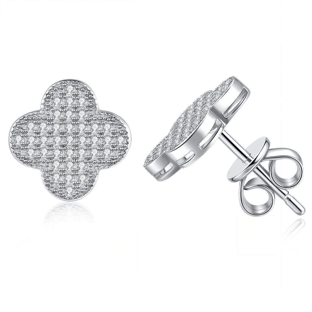 Earrings Sterling Silver Four Leaf Clover Stud Earrings with Full Pave Moissanite Stones