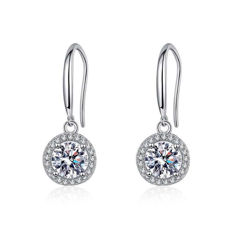 Elegant Sterling Silver Halo Drop Earrings with Round Moissanite Stone and Hook Closure