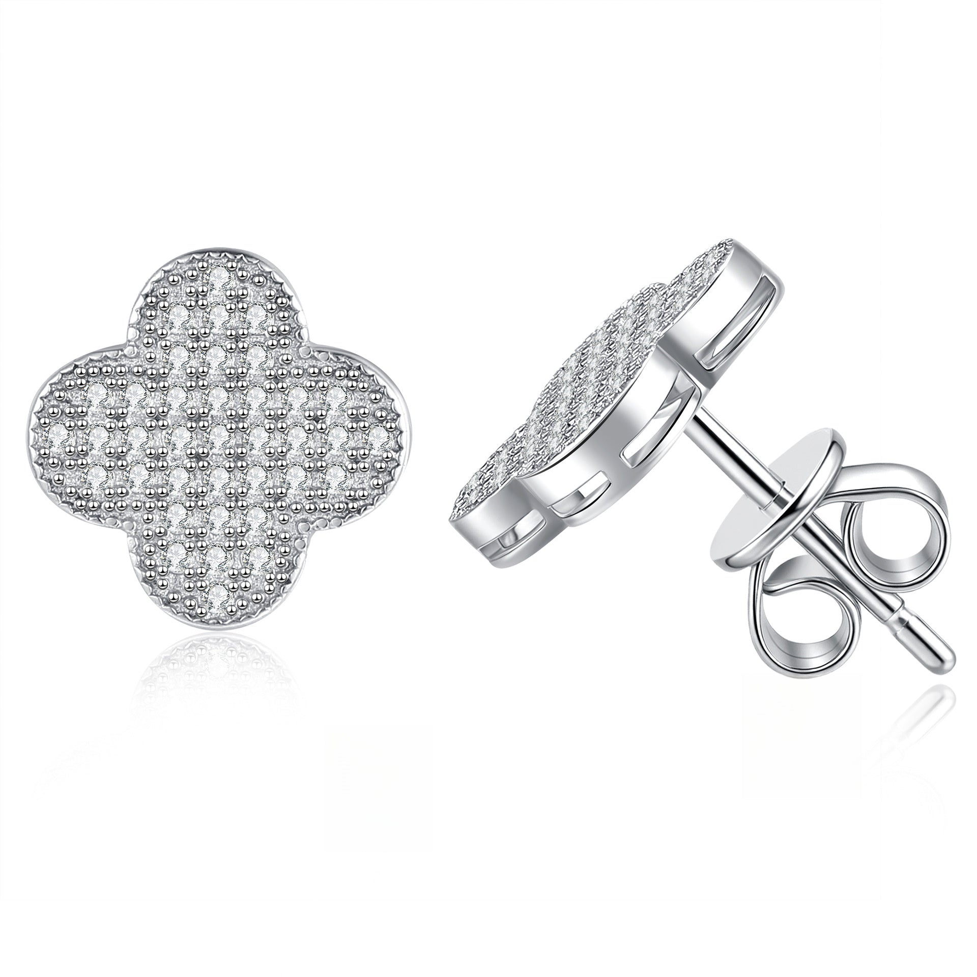 Earrings Sterling Silver Four Leaf Clover Stud Earrings with Full Pave Moissanite Stones