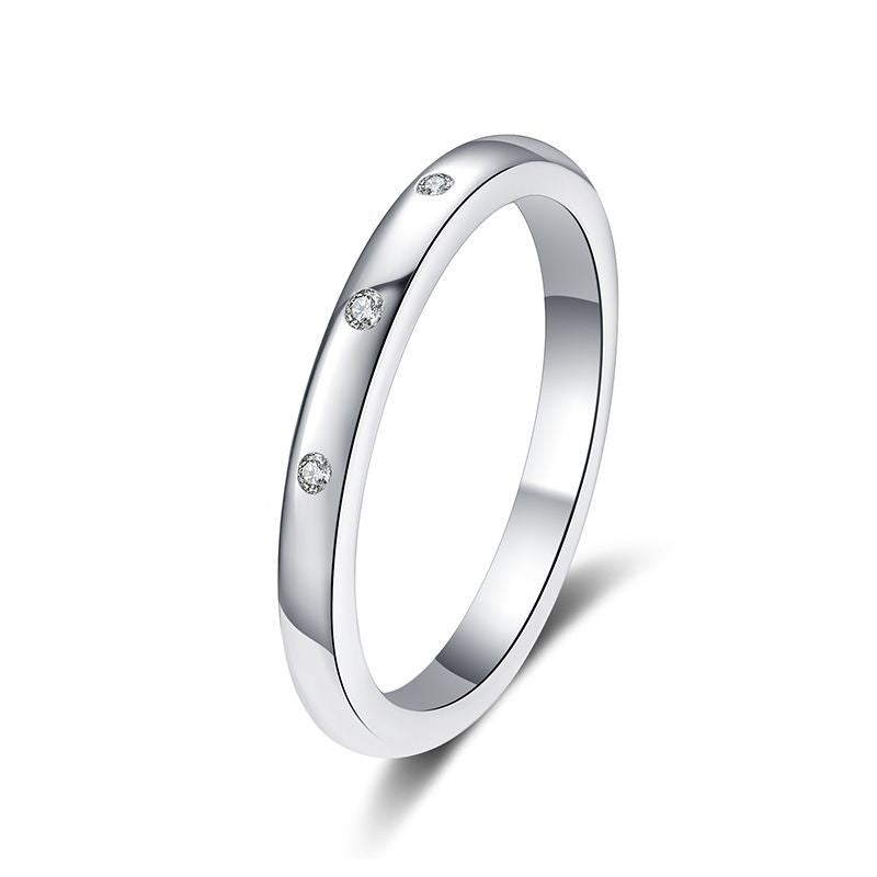 Ring Sterling Silver Three Stone Moissanite Band with Platinum Plating Minimalist Design