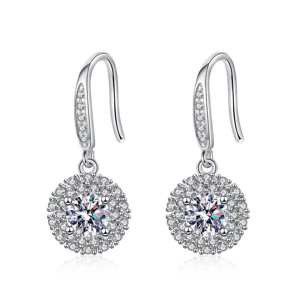 Earrings Sterling Silver Platinum Plated Moissanite Halo Drop Earrings with Brilliant D Color Stones