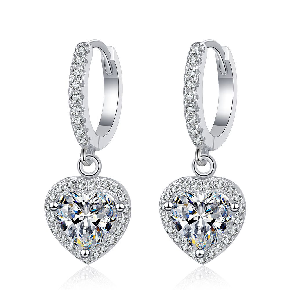 Earrings Sterling Silver Heart-Shaped Moissanite Drop Earrings with Platinum Plating and Halo Design