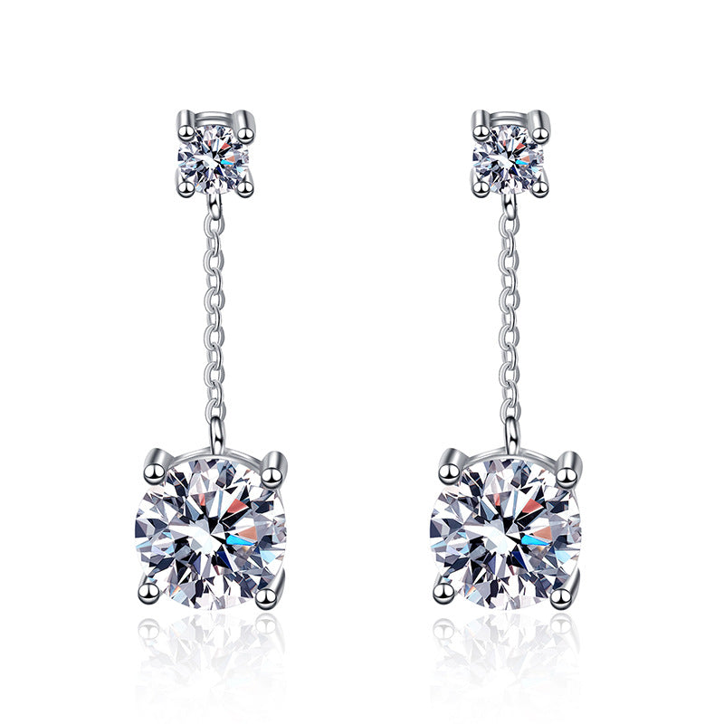 Earrings Sterling Silver Moissanite Drop Earrings with Four-Prong Setting and Delicate Chain Design