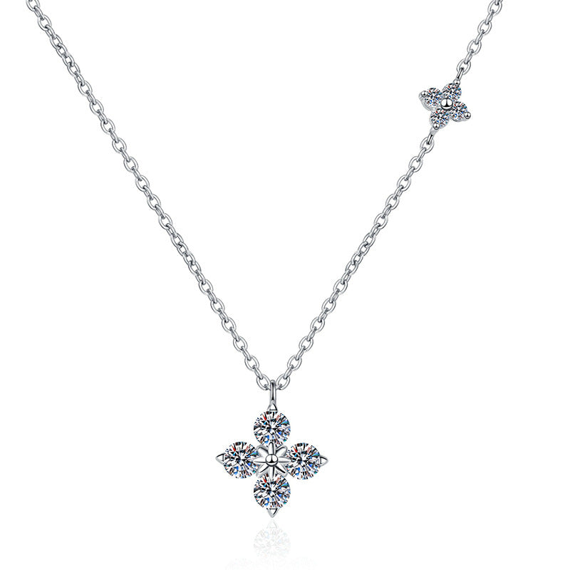 Necklace Sterling Silver Four Leaf Clover Pendant with Moissanite Stones Delicate Collarbone Chain
