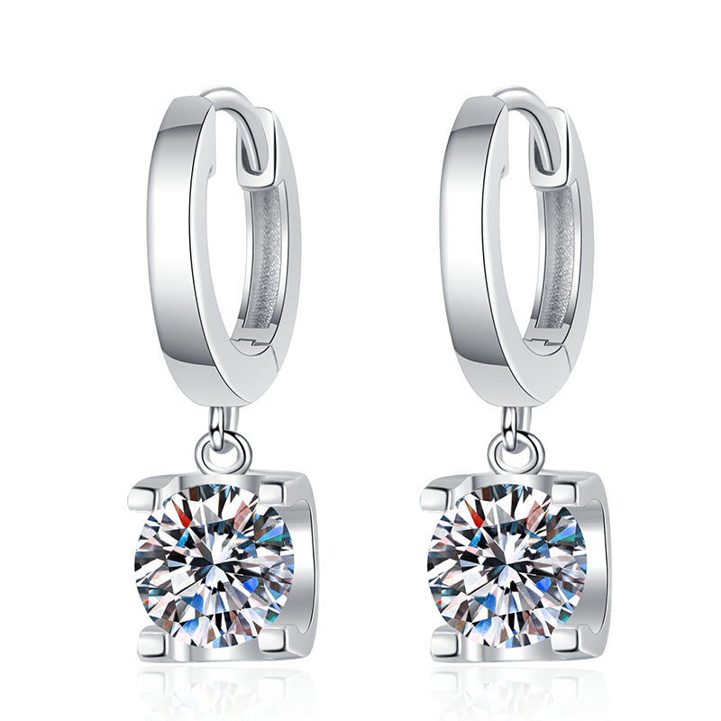 Earrings Sterling Silver Moissanite Drop Hoop Earrings with Four-Prong Setting