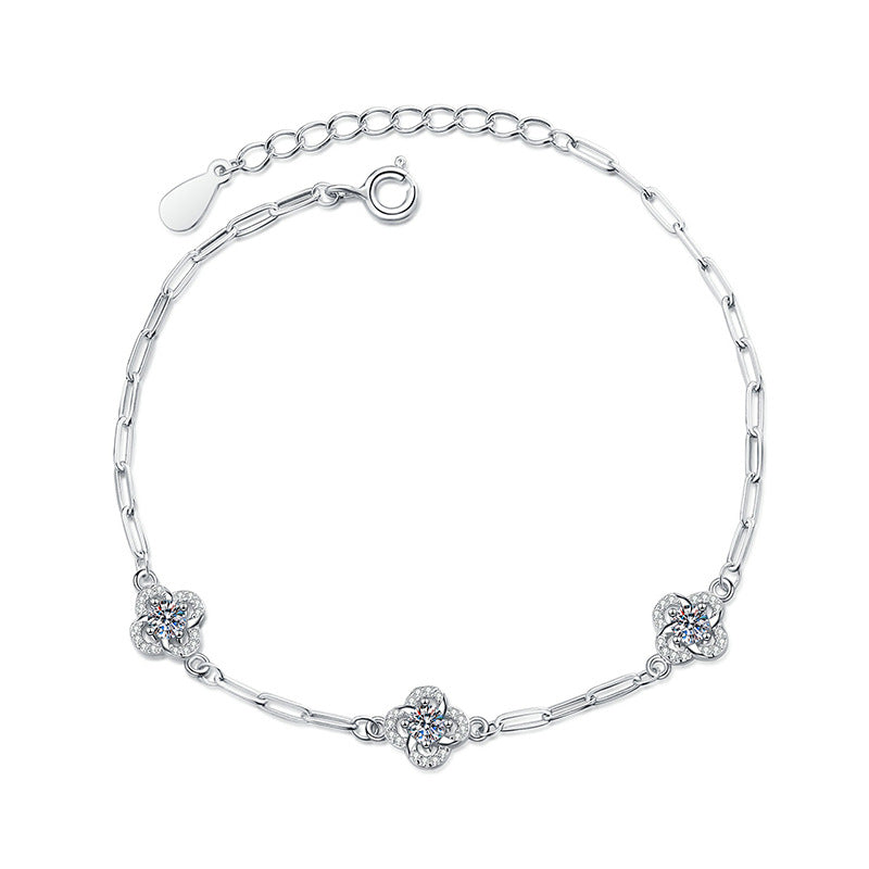 Bracelet Sterling Silver Four Leaf Clover Moissanite Diamond Chain Bracelet for Women