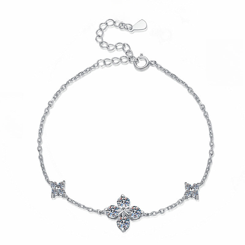 Bracelet Sterling Silver Four Leaf Clover Lucky Charm with Moissanite Stones Adjustable Chain