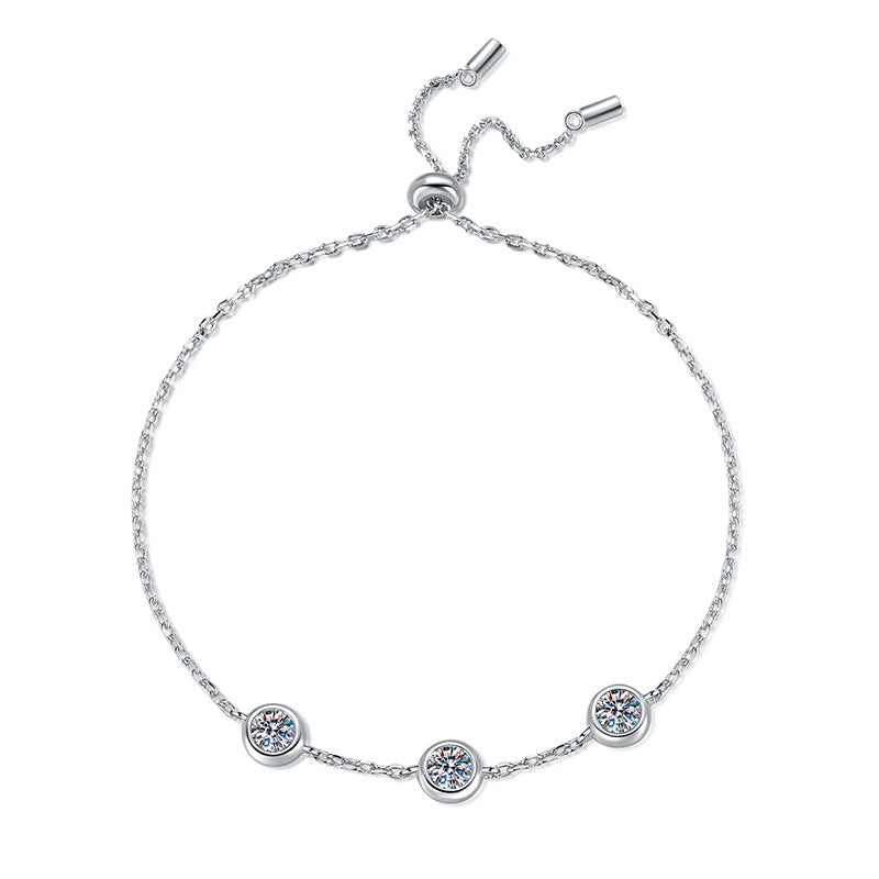 Bracelet Sterling Silver Moissanite Chain with Three Round Bezel Set Stones Adjustable Slider Clasp