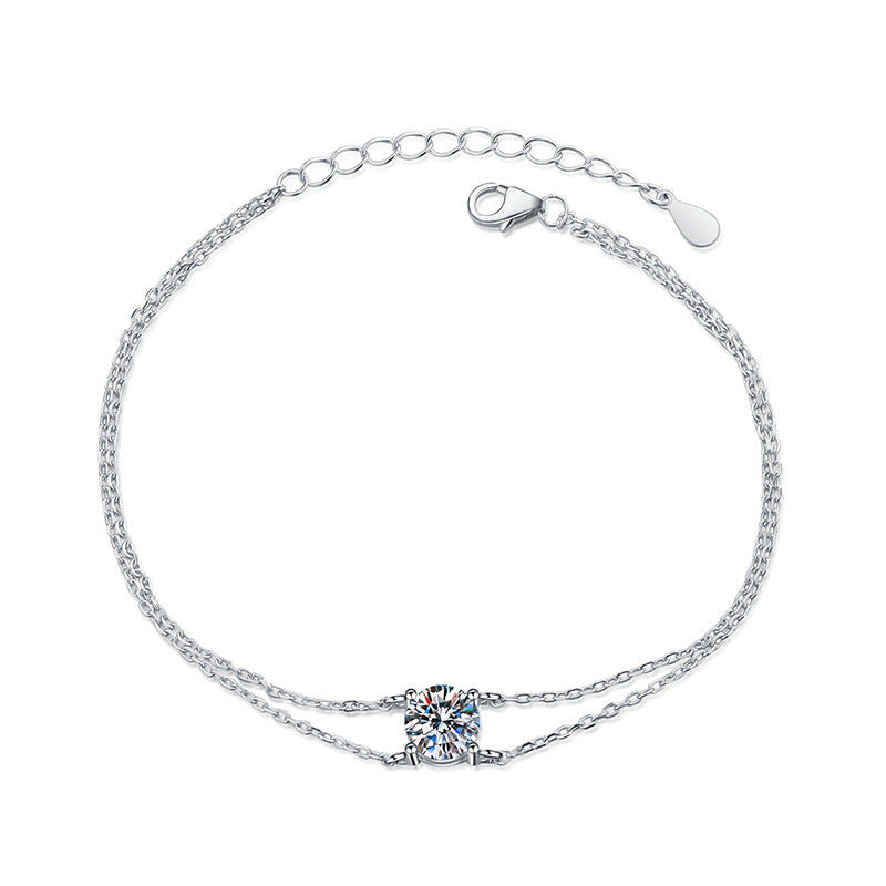 Bracelet Double Layer Four Prong Moissanite Sterling Silver Chain Bracelet with Brilliant Cut Stone