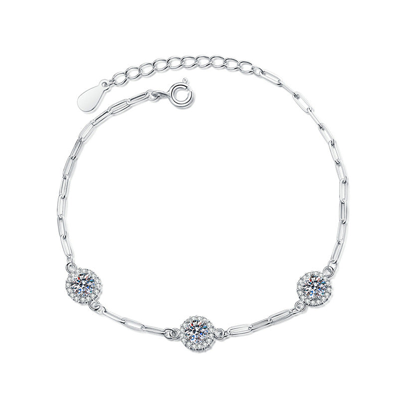 Bracelet Sterling Silver Moissanite Chain with Round Halo Settings and Adjustable Clasp