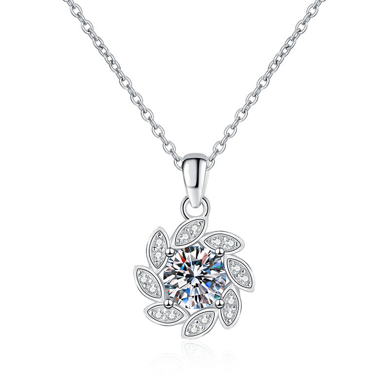Necklace Sterling Silver Moissanite Pendant Lucky Rotating Flower Design Collarbone Chain