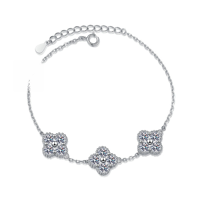 Bracelet Luxury Four Leaf Clover Sterling Silver Chain with Moissanite Stones Adjustable