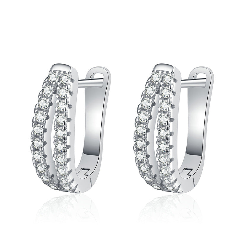 Elegant Crossover Moissanite Stud Earrings Sterling Silver Double Row Sparkling Hoop Design