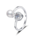 Ring Sterling Silver Heart-Shaped Moissanite and Freshwater Pearl Adjustable Open Band