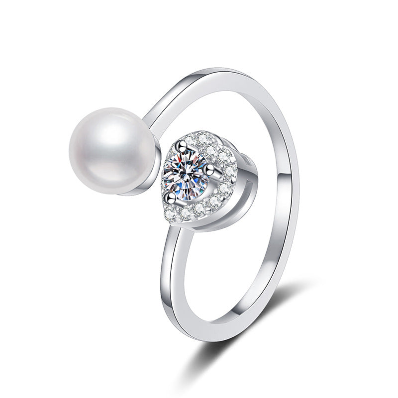 Ring Sterling Silver Heart-Shaped Moissanite and Freshwater Pearl Adjustable Open Band