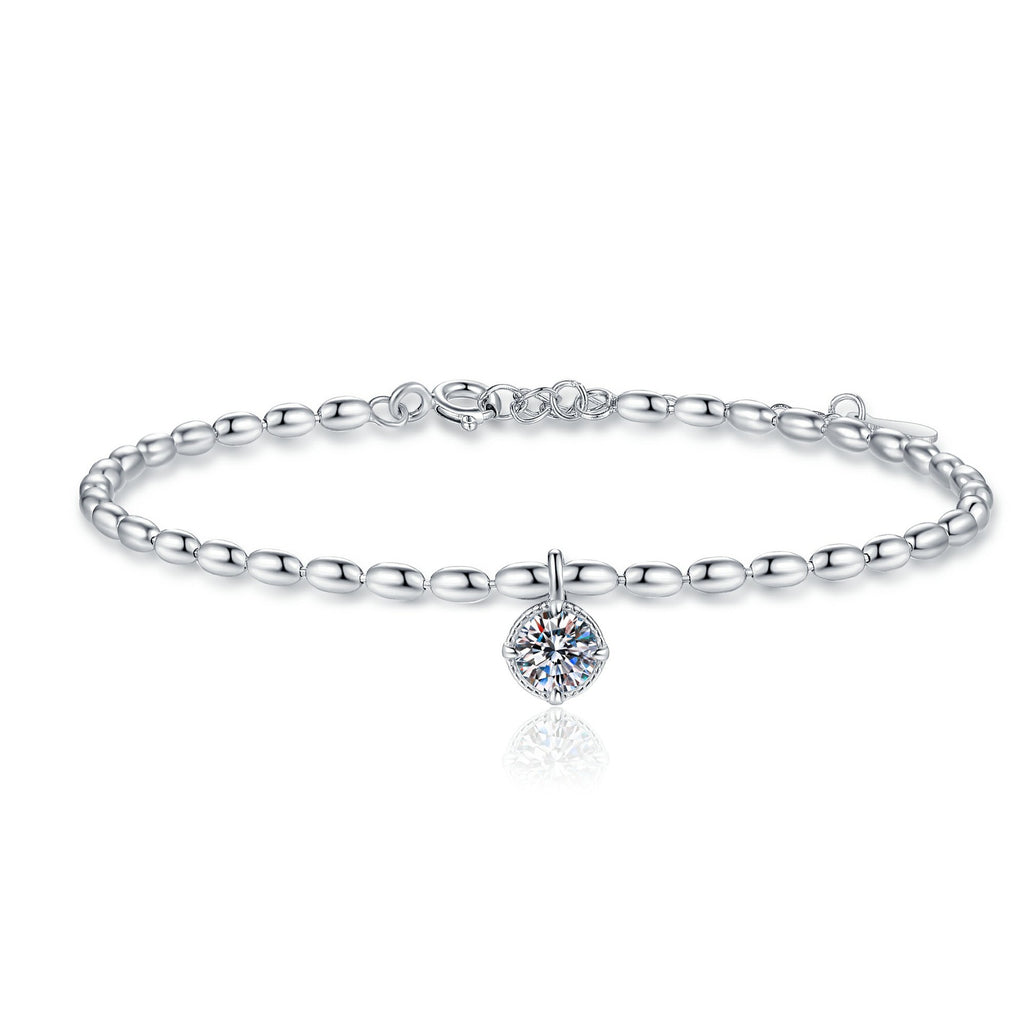 Bracelet Minimalist Sterling Silver Rice Bead Chain with Solitaire Moissanite Stone Charm